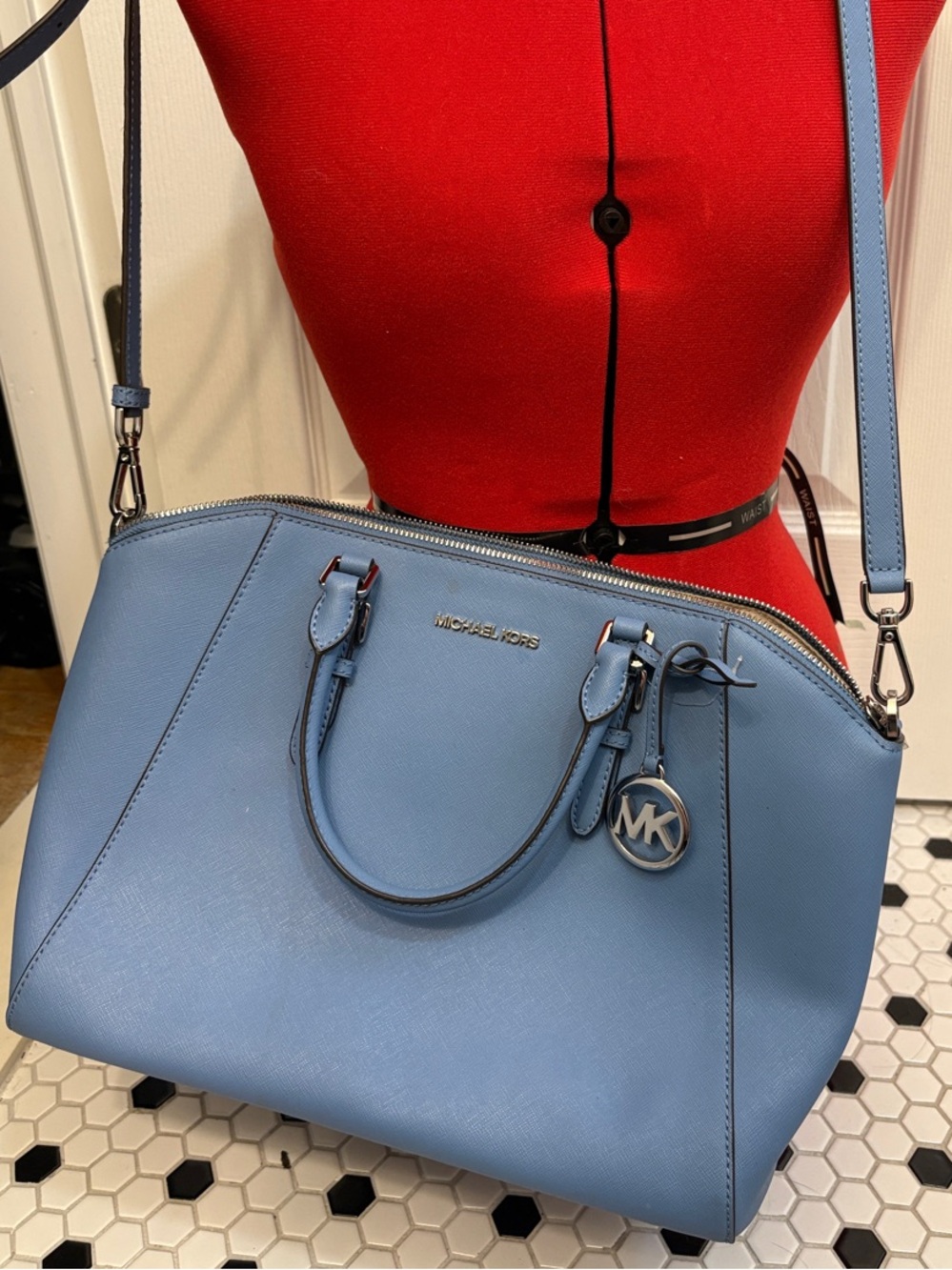 Michael Kors Light Blue Saffiano Leather Satchel with Crossbody Strap
